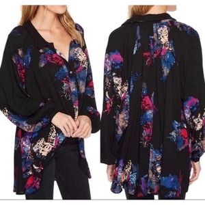 FREE PEOPLE Meadow Lark Button Up Black Floral Top OB687763 Women's‎ Small